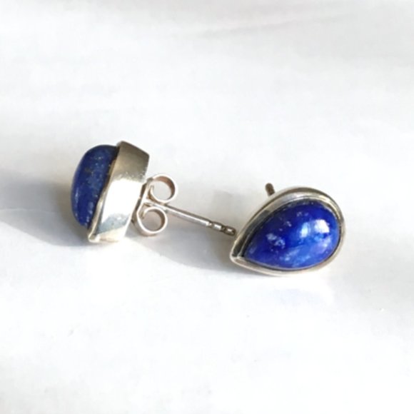 Genuine Lapis Lazuli .925 Stud Earrings Teardrop Pear-Shaped Sterling Silver - Picture 12 of 16